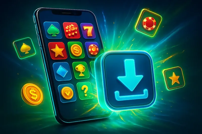Glossy smartphone casino app banner with neon download effects