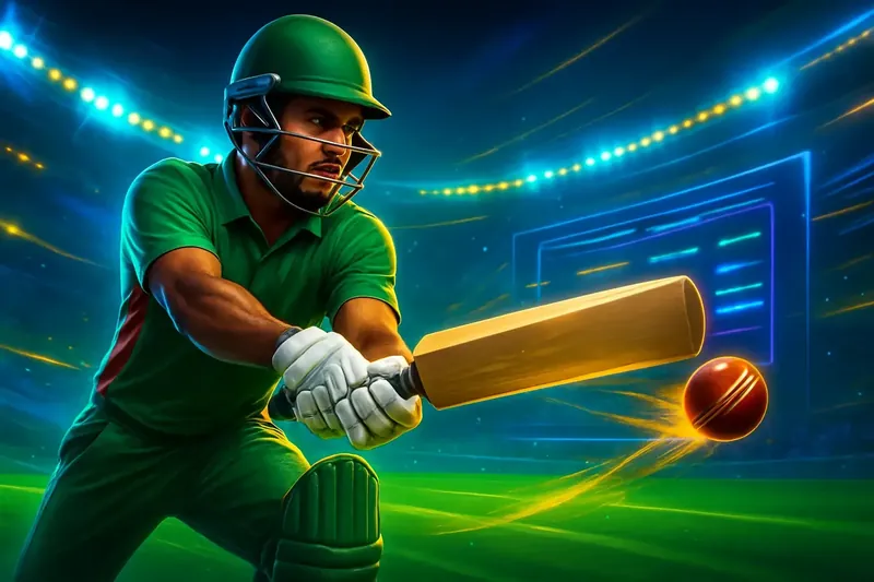 Cricket batter striking ball under stadium lights in dynamic sportsbook banner