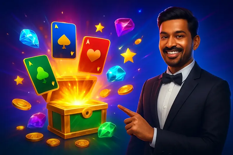 Glowing reward chest with bonus cards, coins, gems, and stars