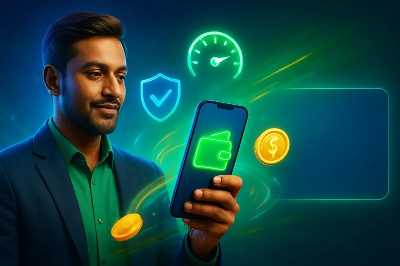 Hand holding smartphone with secure mobile wallet, coins, and speed effects