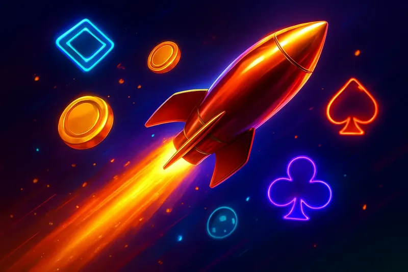 Glossy rocket launch casino banner with neon speed trails and particles