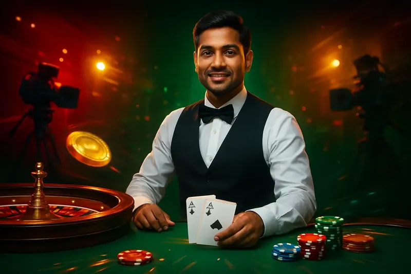 Friendly professional live dealer with roulette, cards, chips, and studio lights