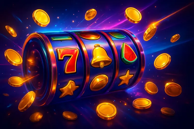 Colorful spinning slot machine reels with coins, sparkles, and neon glow